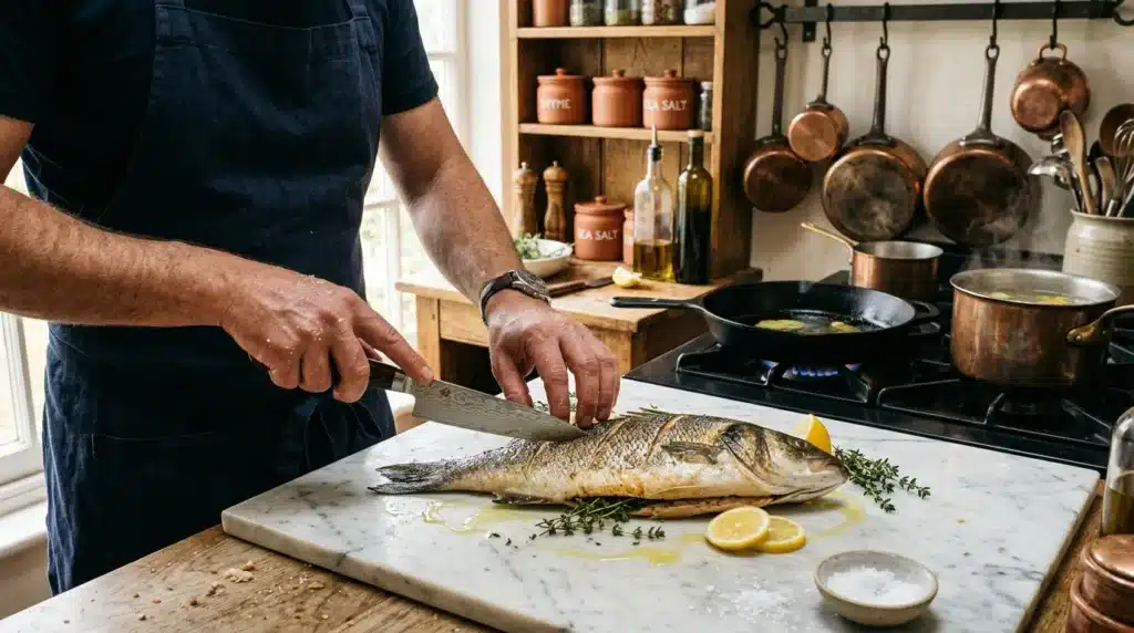 Chef préparant un poisson entier sur planche marbre en cuisine