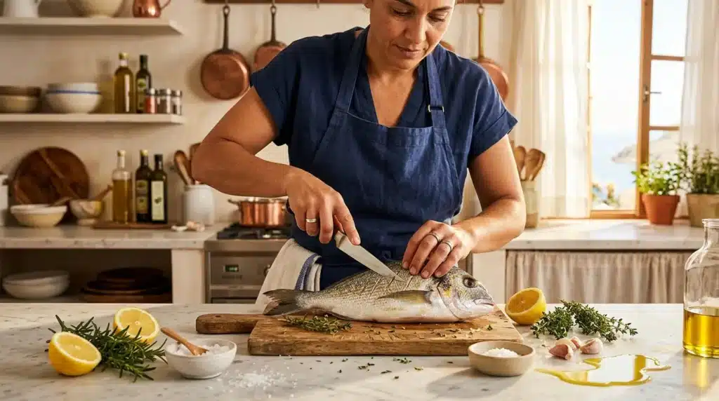 Femme cuisinière préparant un poisson frais en cuisine.