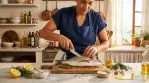 Femme cuisinière préparant un poisson frais en cuisine.