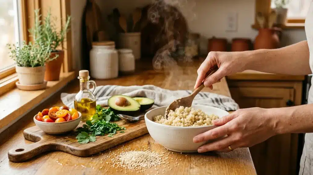 Femme préparant une salade avec couscous, tomates, avocats et herbes fraîches