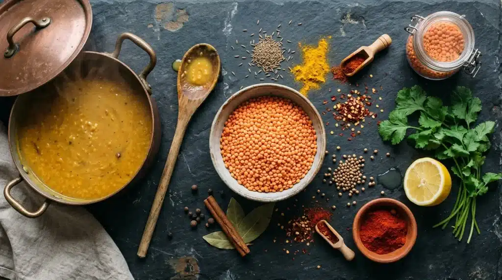 Ingrédients et ustensiles pour cuisiner une soupe aux lentilles corail