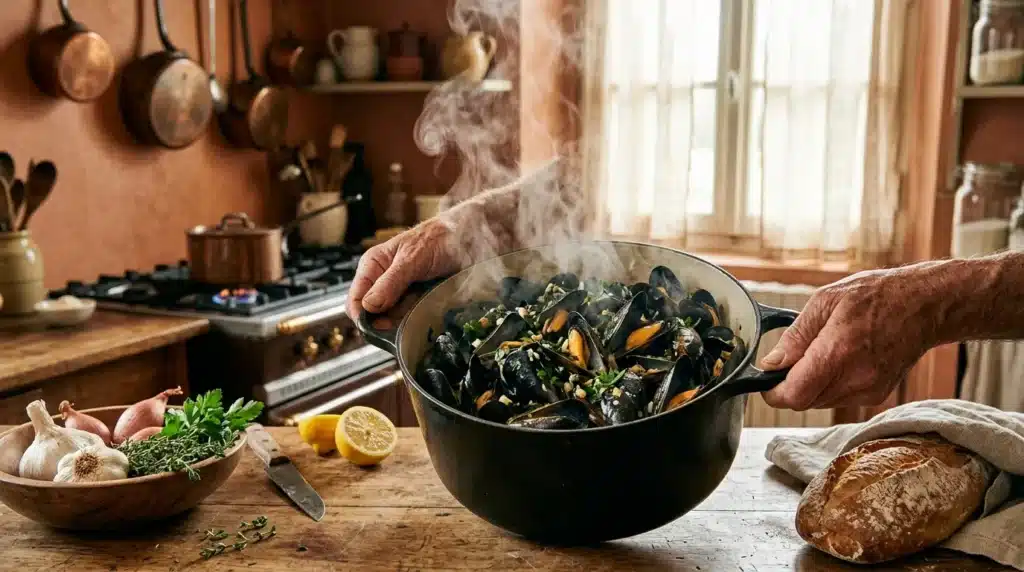 Cuisinier tenant un pot de moules cuites fumantes en cuisine