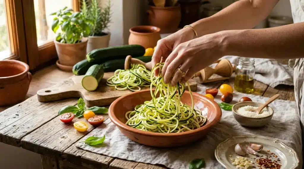Mains préparant des nouilles de courgette dans un bol en terre cuite