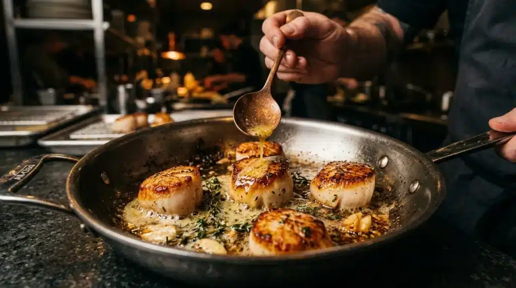 Chef versant sauce sur pétoncles dorés dans une poêle