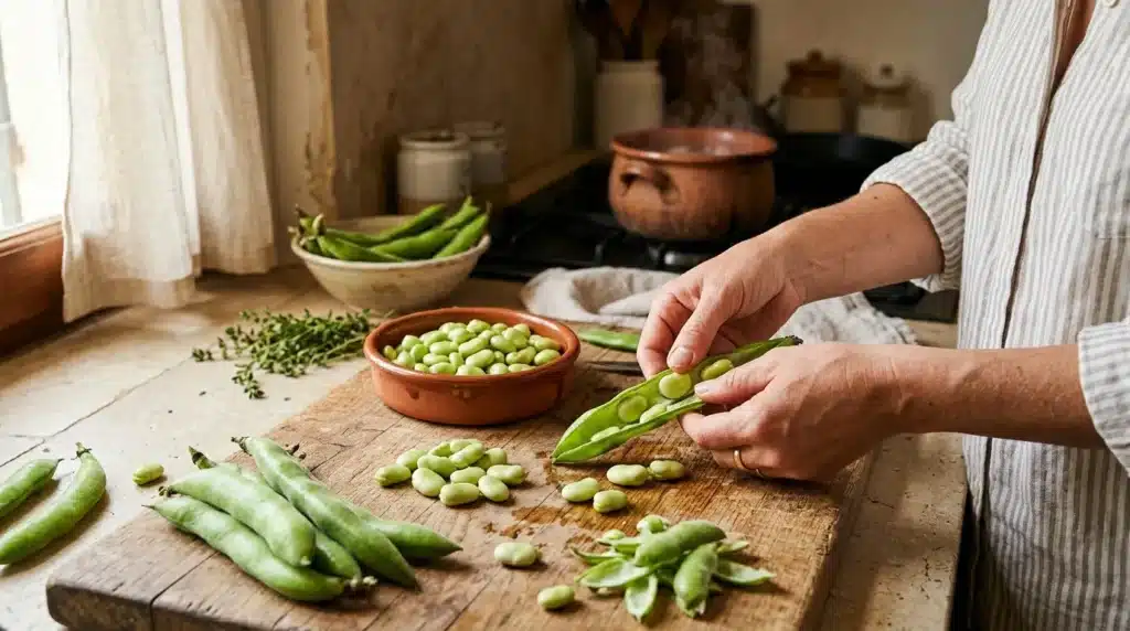 Mains écossant des petits pois verts sur planche à découper