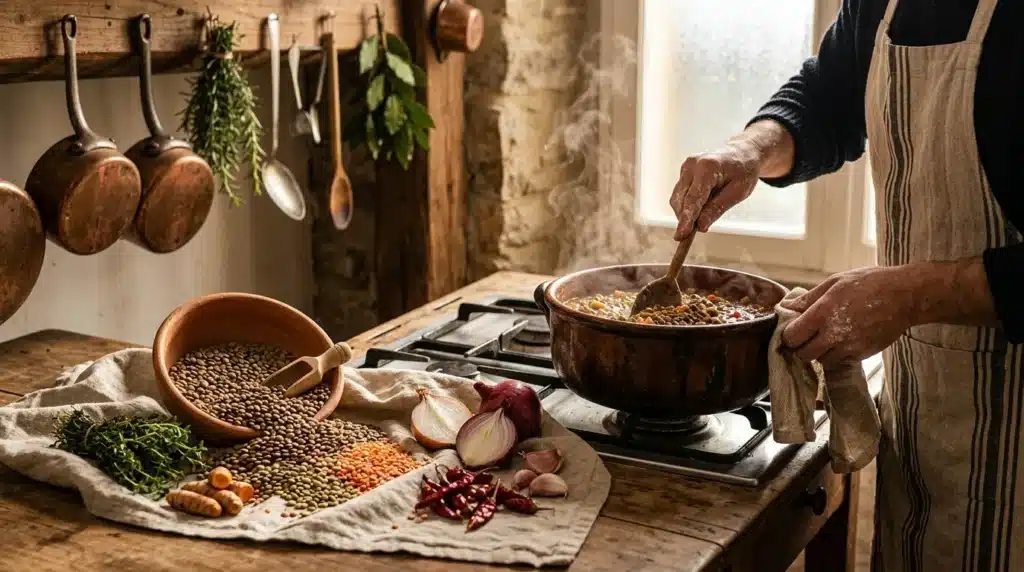 Chef prépare une soupe avec lentilles et légumes frais.