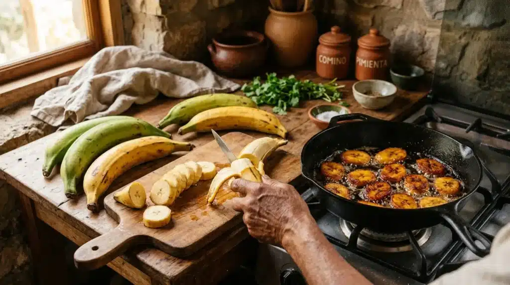 Mains préparant des bananes tranchées pour la cuisson à la poêle