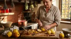 Femme prépare des pommes dans une cuisine rustique