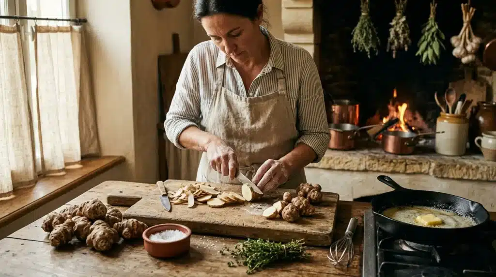 Femme préparant du gingembre frais sur planche à découper