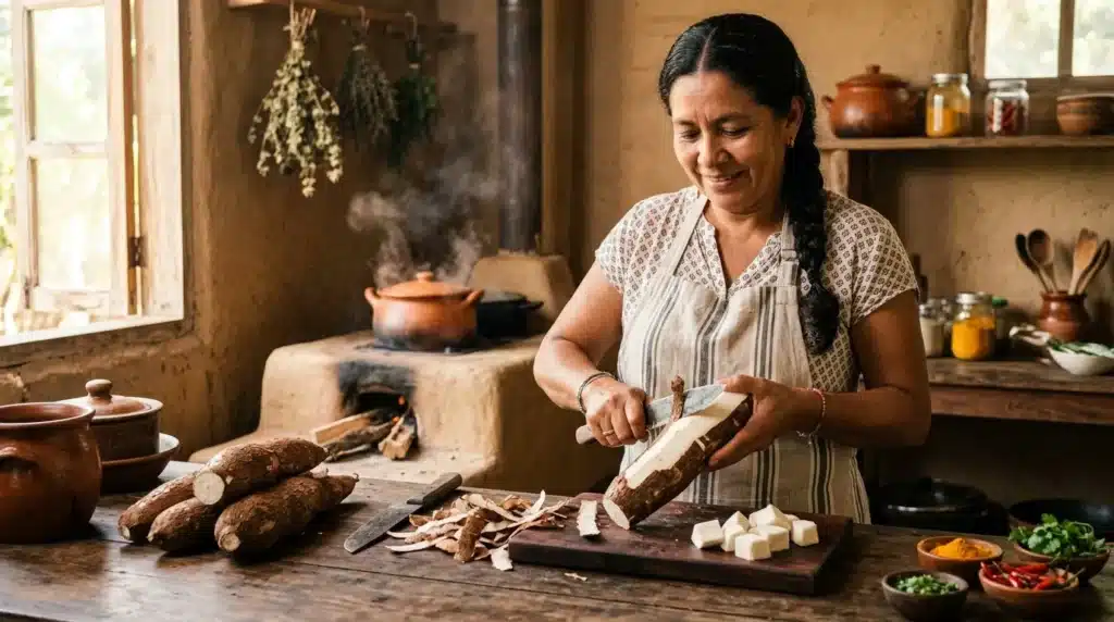 Femme épluchant des tubercules dans une cuisine traditionnelle