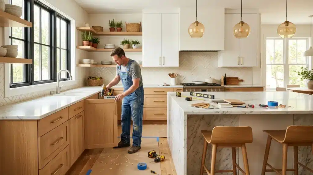 Homme travaillant à la rénovation d'une cuisine contemporaine