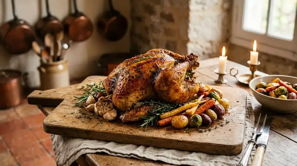 Poulet rôti doré sur planche bois avec légumes et bougies