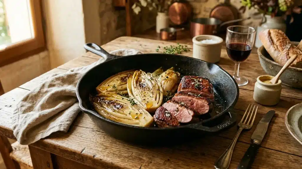 Poêle de viande et légumes sur table en bois