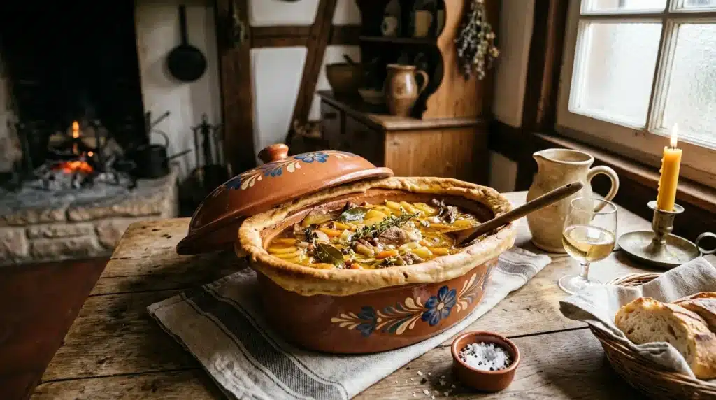 Pot de ragoût fumant sur table rustique avec pain et feu.