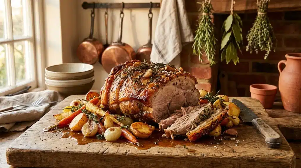 Rôti de viande rôtie avec légumes sur planche bois rustique