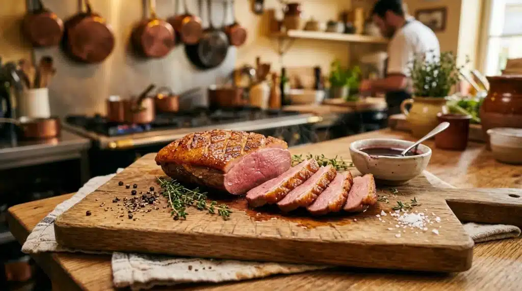 Viande rôtie tranchée sur planche bois, cuisine professionnelle