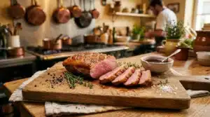 Viande rôtie tranchée sur planche bois, cuisine professionnelle