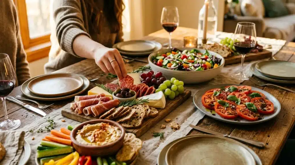 Femme servant une charcuterie lors d'un repas festif entre amis
